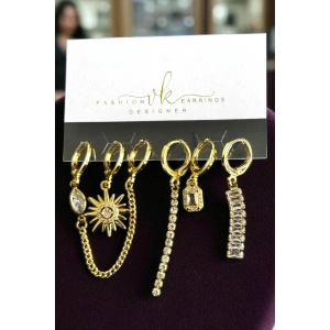 6lı Altın Renk Taş Detaylı Küpe Set