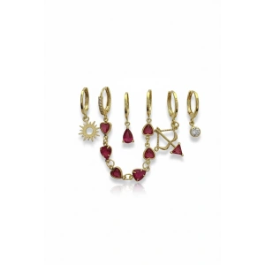 6lı Altın Renk Taş Detaylı Küpe Set