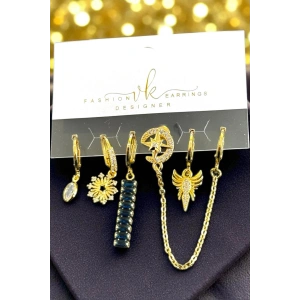 6lı Altın Renk Taş Detaylı Küpe Set