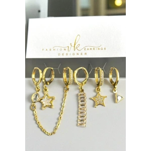 6lı Altın Renk Taş Detaylı Küpe Set