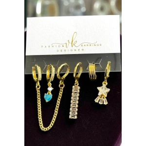 6lı Altın Renk Taş Detaylı Küpe Set