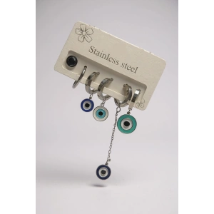 6lı Gümüş Renk Nazar Boncuk Figürlü Çelik Halka Küpe Set