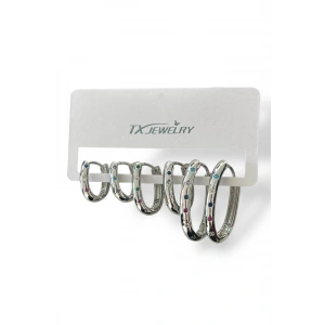 6lı Gümüş Renk Taş Detaylı 14K Altın Kaplama TX Küpe Set