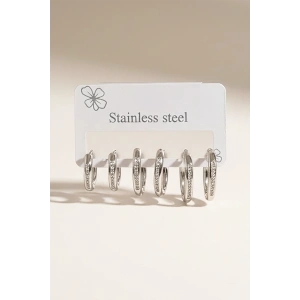 6lı Gümüş Renk Taş Detaylı Çelik Küpe Set