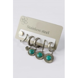 6lı Gümüş Renk Taş Detaylı Çelik Küpe Set