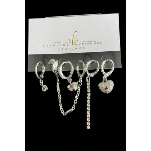 6lı Gümüş Renk Taş Detaylı Küpe Set