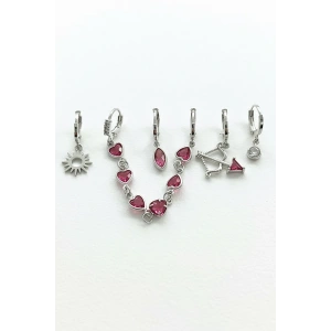 6lı Gümüş Renk Taş Detaylı Küpe Set