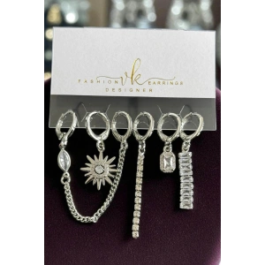 6lı Gümüş Renk Taş Detaylı Küpe Set