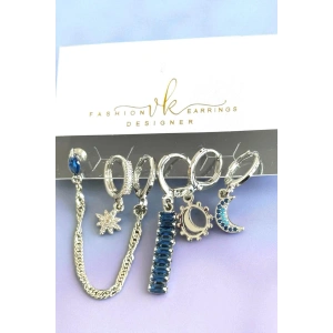 6lı Gümüş Renk Taş Detaylı Küpe Set