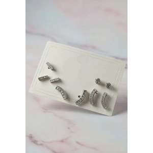 6lı Gümüş Renk Taş Detaylı Küpe Set