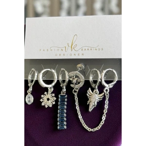6lı Gümüş Renk Taş Detaylı Küpe Set