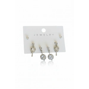 6lı Gümüş Renk Taşlı Küpe Set