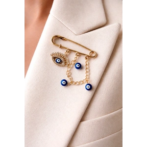 Altın Renk Nazar Boncuk Detaylı Göz Figürlü Broş