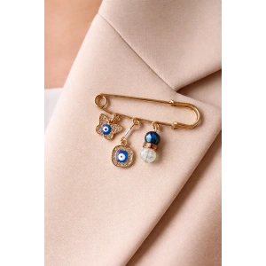 Altın Renk Nazar Boncuk Detaylı Karışık Figürlü Broş