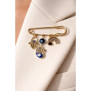 Altın Renk Nazar Boncuğu Detaylı Karışık Figürlü Broş