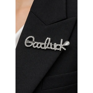 Gümüş Renk Good Luck Yazılı Taşlı Broş