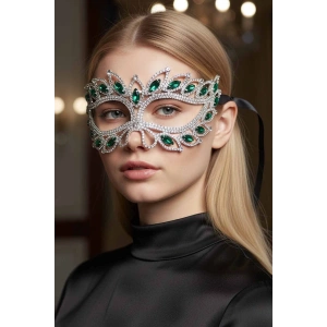 Gümüş Renk Yeşil Taş Detaylı Tasarım Parti Maskesi