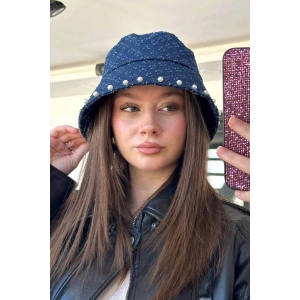 Mavi Renk İnci Detaylı Kot Tasarım Şapka