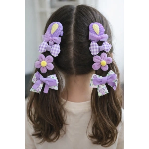 8li Mor Renk Karışık Figürlü Yan Toka Set