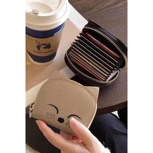 Açık Kahve Renk Kedi Figürlü Cüzdan/Kartlık