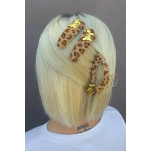 Açık Kahve Renk Kelebek Figürlü Leopar Desenli Mandal Toka Ve Yan Toka Set