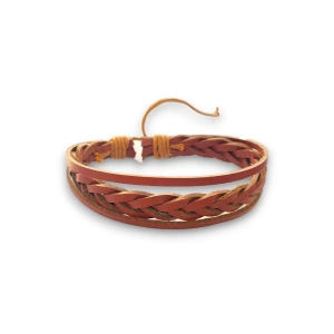 Açık Kahverengi Örgü Figürlü Deri Erkek Bileklik