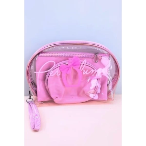 Açık Pembe Renk 3lü Şeffaf Makyaj Çantası