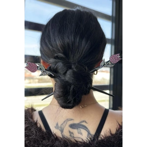 Açık Pembe Renk Lale Figürlü Taş Detaylı Topuz Tokası/ Kalemi