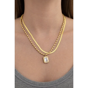 Altın Renk 2lİ Zincir Detaylı Taş Detay Çelik Kolye