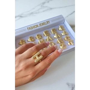 Altın Renk 24lü Taş Detaylı Harf Yüzük Set