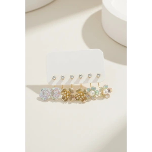 Altın Renk 6lı Çiçek Figürlü Set Küpe