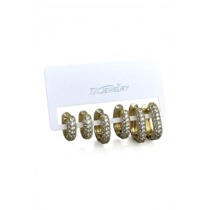 Altın Renk 6lı Taş Detaylı TX 14K Altın Kaplama Küpe Set