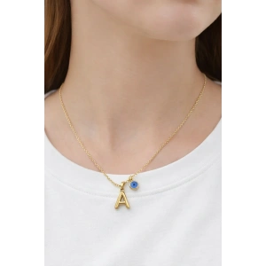 Altın Renk A Harfli Nazar Boncuk Detaylı Çelik Kolye