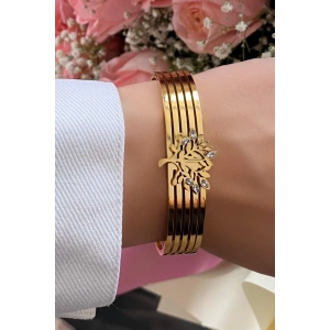 Altın Renk Ağaç Figürlü Çelik Kelepçe Bileklik