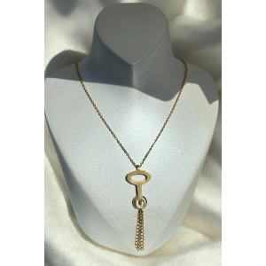 Altın Renk Anahtar Figürlü Taş Detaylı Çelik Kolye