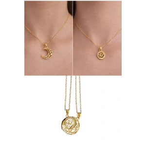 Altın Renk Ay Detaylı İkili Mıknatıslı Çelik Arkadaşlık Kolyesi