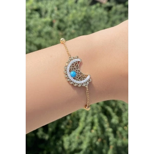 Altın Renk Ay Figürlü Taş Detaylı Çelik Bileklik