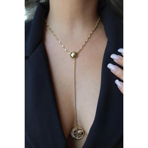 Altın Renk Ay Ve Yıldız Figürlü Taş Detaylı Y Kolye