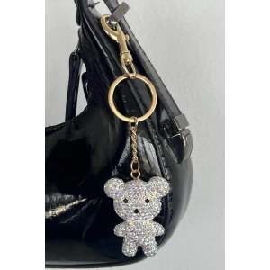 Altın Renk Ayıcık Figürlü Gümüş Renk Taş Detaylı Çanta Charm/ Anahtarlık