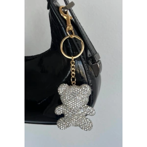 Altın Renk Ayıcık Figürlü Gümüş Renk Taş Detaylı Çanta Charm/ Anahtarlık