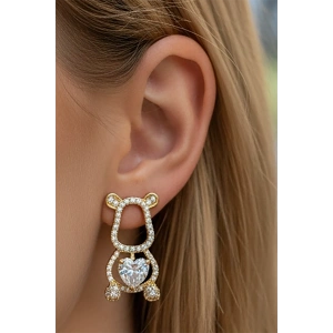 Altın Renk Ayıcık Figürlü Taş Detaylı 14K Altın Kaplama Küpe (Çift)