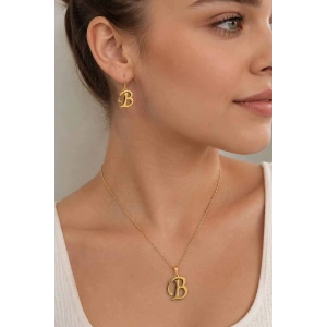 Altın Renk B Harfli Çelik Kolye/Küpe Set