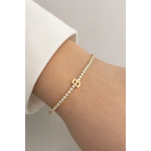 Altın Renk B Harfli Taş Detaylı Çelik Bileklik