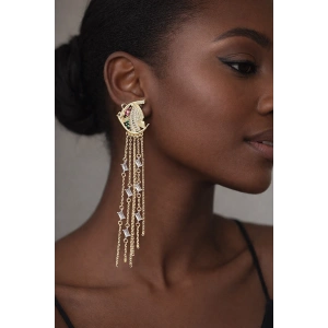 Altın Renk Balık Figürlü Taş Detaylı 14K Altın Kaplama Küpe (Çift)