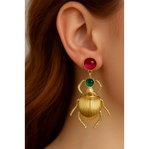 Altın Renk Böcek Figürlü Taş Detaylı Çelik Küpe (Çift)