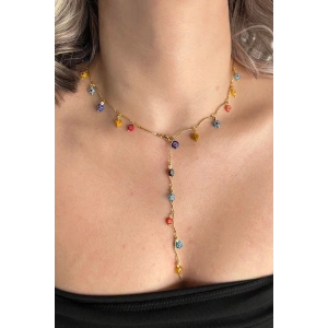 Altın Renk Boncuk Detaylı Çelik Y Kolye