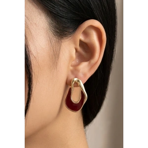 Altın Renk Bordo Taş Detaylı Küpe (Çift)