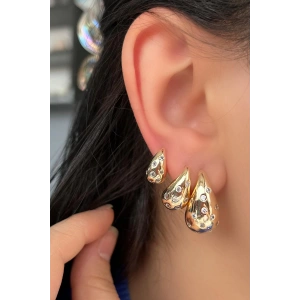 Altın Renk Bottega Figürlü Taş Detaylı VİP 3lü YSX Küpe Set