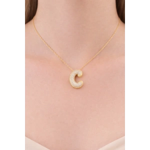 Altın Renk C Harf Taş Detaylı Çelik Kolye