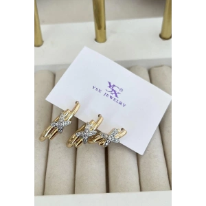 Altın Renk Çarpı Detaylı VİP 3lü YSX Küpe Set